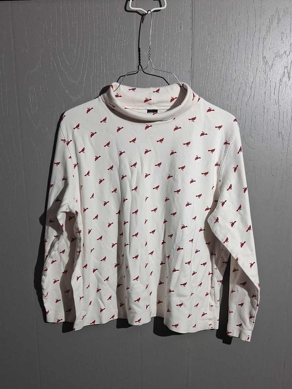 Lands' End White Long-Sleeve Turtleneck with Red Bird Motif
